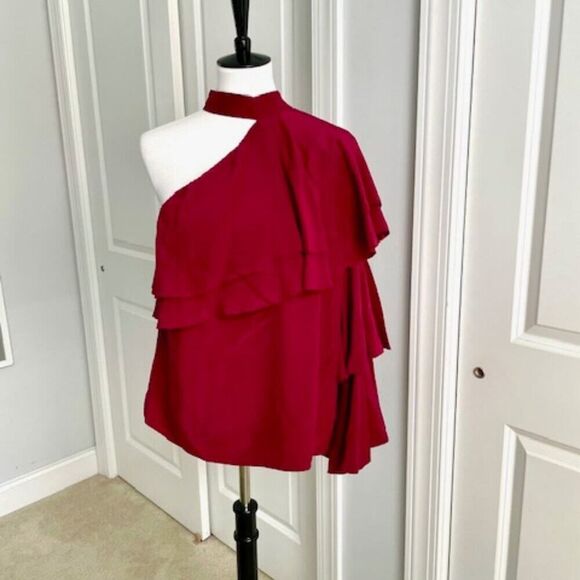 NWT Parker Burgundy Red One Shoulder Long Ruddle Sleeve High Neck Silk Top L - Picture 1 of 6